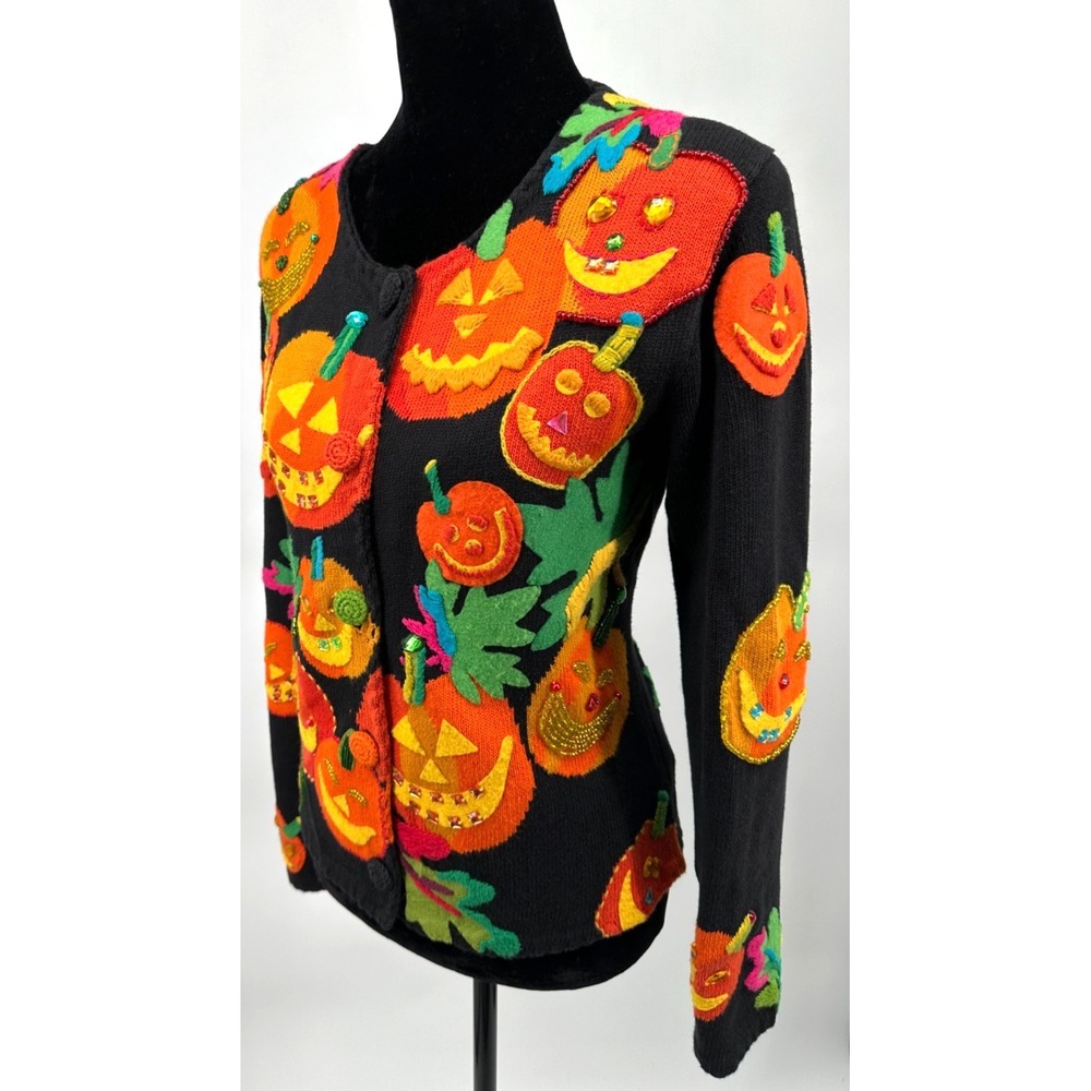 Michael Simon Womens Crew Neck Cardigan Medium Black Halloween Pumpkin Cotton - Picture 6 of 13